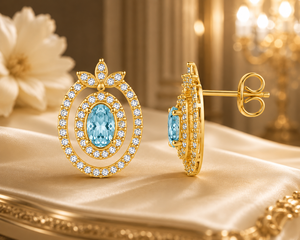 Blue Topaz CZ <b>Stud</b> - 925 Sterling <b>Silver</b> Gold Plated Handmade Gemstone Oval Gemstone Halo Earrings - Product Image 3