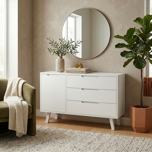 Modern White Scandinavian Sideboard Credenza 1 Door 3 Drawer Cabinet Natural Wooden Legs <b>TV</b> Media <b>Stand</b> Living Room Furniture - Product Image 4