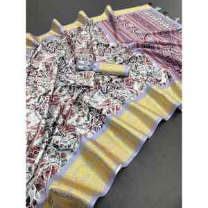 DISEÑADOR DOLA SEDA JACQUARD TEJIDO ESTAMPADO SAREE CON BLUSA DESCOSADA AZUL MAR - Product Image 1