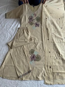 Ensemble décontracté pour femme en coton beige à séchage rapide, longueur cheville, style ethnique, broderie florale, style Inde Pakistan, coupe régulière, toutes tailles - Product Image 3