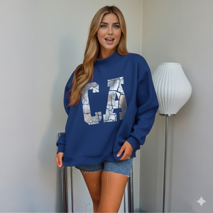 Sudadera Oversize Azul para Mujer con Cuello Redondo y Diseño de Letras CA con Efecto Agrietado, de Algodón Tejido, para Otoño, Cuello Simulado - Product Image 1