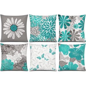 Set di 6 Copricuscini Moderni Turchese 18x18 Pollici, Fodere Decorative Grigio Teal con Motivo Floreale a Margherita per Divano - Product Image 1