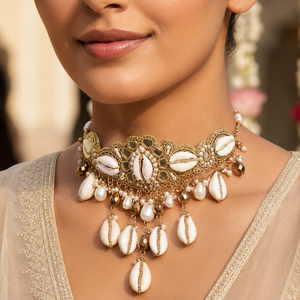 Collares indios únicos con adornos de Haldi, cuentas y gotas de vidrio, bordados a mano, estilo moderno, para ocasiones festivas. - Product Image 1