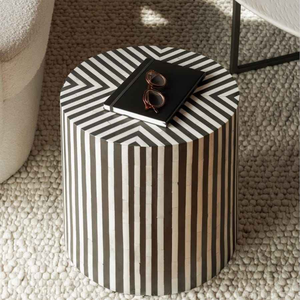 Branded Quality Handmade Black and <b>White</b> Striped Hexagon Bone Inlay <b>Bedside</b> Table Made of Wood for Decoration From India. - Product Image 3