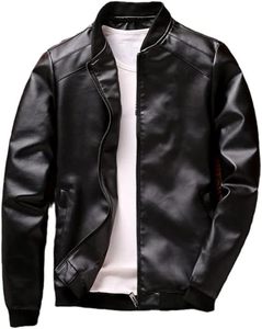 Chaqueta de Motociclista de Cuero PU Negra para Hombre, Cuello Alto, Cierre de Cremallera, Corte Regular, Color Sólido, para Otoño - Product Image 1