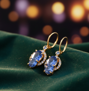 Elegantes Pendientes Ovalados Azules con Circonitas Cúbicas y Plata de Ley 925 con Baño de Oro de 18K, Accesorio para Novia, para Fiestas y Cócteles - Product Image 3