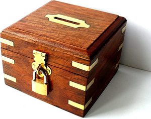 Handmade Indian Wooden Piggy Bank Decoration Unique Keepsake Small Square Piggy Money <b>Saving</b> Bank Gifts for Kids and Adults - Product Image 2
