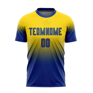 เสื้อฟุตบอลชายสั่งทำพิเศษ สีเหลือง-น้ำเงินไล่เฉด พิมพ์ลายแบบ Sublimation แขนสั้น ระบายเหงื่อ แห้งเร็ว ผลิตจากโพลีเอสเตอร์ สำหรับทีมฟุตบอล - Product Image 2