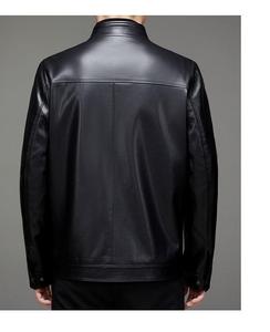 Veste en cuir marron pour homme, col montant, fermeture éclair, style motard, coupe ajustée, pour l'automne, couleur unie, manches classiques - Product Image 5