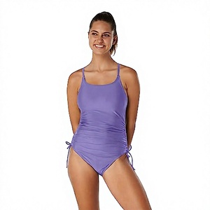Traje de baño de una pieza para mujer, color morado liso, con volantes laterales y lazo, estilo bandeau, tejido elástico, ajuste regular - Product Image 3