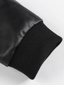 Men's Black Leather Bomber <b>Jacket</b> Anti-UV <b>Fleece</b> <b>Lined</b> Sherpa Lining Moto Biker Style Zipper Closure Slim Fit Autumn Wear - Product Image 4