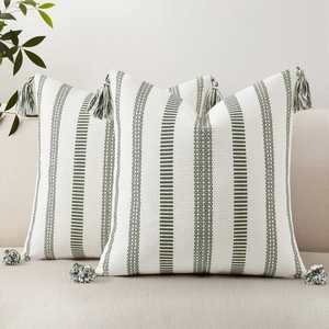 Housse de coussin à rayures au design original, taie d'oreiller en coton teint en fil, housse de coussin décorative pour la maison avec pompons pour canapé et salon - Product Image 5