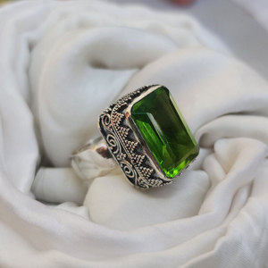 Handcrafted Brass Green Gemstone <b>Ring</b> Large Rectangular Emerald Cut <b>Statement</b> <b>Ring</b> Wholesale Jewelry for Women - Product Image 3