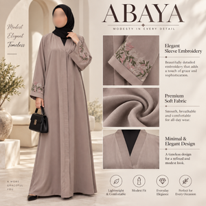 Robe Abaya taupe avec broderie florale sur les manches et col en V ample |   Robe longue musulmane modeste pour les occasions quotidiennes - Product Image 5