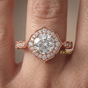 Anillo de compromiso vintage de plata de ley 925 con halo de corte redondo y diamantes Milgrain, delicado regalo nupcial para ella - Product Image 2