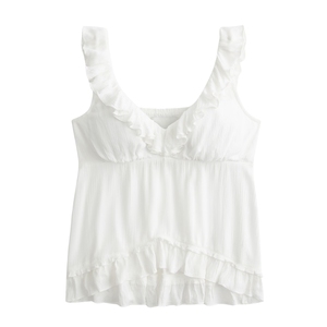 เสื้อกล้ามถักนิตติ้งสำหรับผู้หญิง แขนกุด คอวี ระบายชายเสื้อเป็นชั้นๆ สไตล์ลำลองสำหรับฤดูร้อน  ผ้าโพลีเอสเตอร์/คอตตอน  พร้อมโลโก้ด้านหน้า - Product Image 1