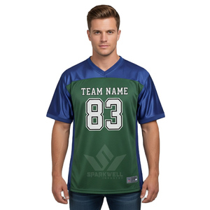Custom Men's American Football Jersey V-Neck Short Sleeve Green Blue Mesh Polyester Moisture Wicking Sublimated Team Uniform - Product Image 1