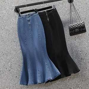 Falda vaquera de mujer con volantes, diseño nuevo, cintura alta, ajustada, de longitud media, con abertura en la cadera, falda larga de mezclilla al por mayor - Product Image 5