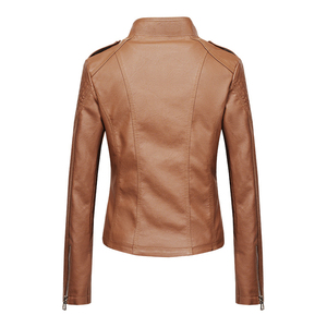 Chaqueta de Motociclista de Cuero Sintético PU Beige para Mujer, Cuello Alto, Manga Larga, Cierre de Cremallera, Color Sólido, Estilo Biker, Ropa de Otoño - Product Image 5