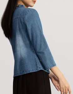 Hardihood International Women's Denim <b>Jacket</b> Floral Embroidery Zip Front Formal Autumn Style 3/4 Sleeve Distressed Cotton Woven - Product Image 5
