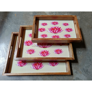 Juego de bandejas de servir de madera de mango hechas a mano, con diseño de mandala azul real en esmalte, bandejas decorativas de madera con asas. |   Decoración del Hogar - Product Image 6
