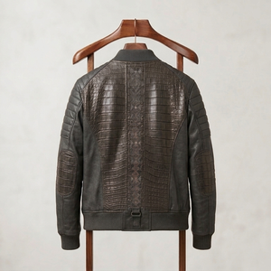 Veste d'hiver décontractée pour homme en cuir de crocodile véritable, coupe ajustée, motif gaufré classique, respirante, coupe-vent, logo frontal - Product Image 2