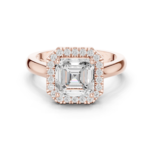 แหวนเพชรทรง Asscher ประดับเพชรรอบแบบ Solitaire สไตล์ทันสมัยสำหรับผู้หญิง เพชรเพาะเลี้ยงแบบ Pave ด้านข้าง ทองคำแท้ 14k สีโรสโกลด์ รับรองโดย GRS - Product Image 1
