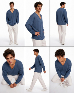 T-shirt à manches longues et col en V pour homme, coupe ample, 100% coton, vêtement décontracté, t-shirt léger pour homme, à porter au quotidien - Product Image 6