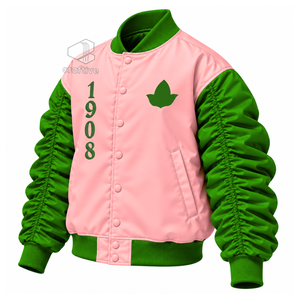 Alfa |   Kapa |   Chaqueta Universitaria de Satén con Bloques de Color Rosa y Verde para Mujer, Marca Alpha, con Botones a Presión y Mangas Abullonadas - Product Image 2