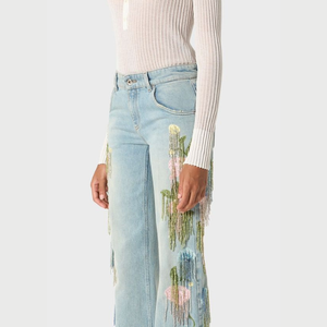Jeans de Mezclilla de Cintura Media y Pierna Recta con Bordado Floral, Transpirables, Ecológicos, Lavables, Casuales, de Longitud Completa para Mujer, Primavera - Product Image 6