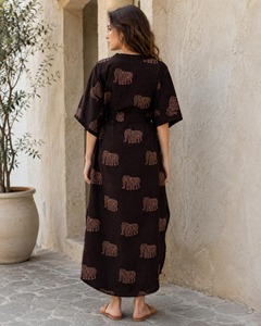 Animal Print Boho Kaftan Dress Brown Cotton Blend Tunic Batwing Lounge Cover Up customize Kaftan For women - Product Image 3