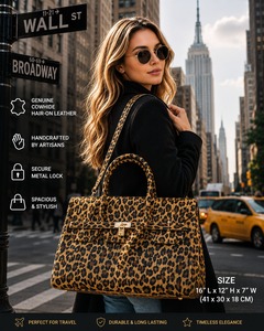 Sac à main en cuir véritable à imprimé léopard pour femme |   Sac fourre-tout en cuir de vache avec poils |   Sac à main de créateur avec poignée supérieure et bandoulière |   Fait main sur mesure - Product Image 1