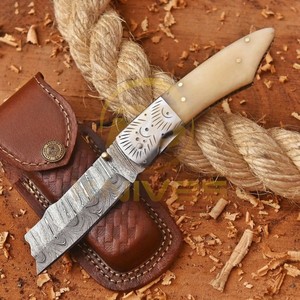 Wholesale Damascus Steel Folding Pocket <b>Knife</b> Natural <b>Bone</b> <b>Handle</b> Hunting Camping Survival EDC <b>Knife</b> with Leather Sheath - Product Image 4