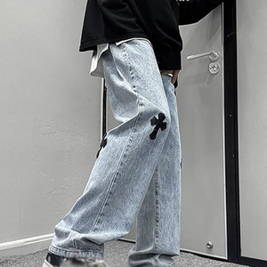 Wholesale Product 100% Cotton Men's Baggy Jeans Distress Printed Washed Vintage Dark Washed screen print Straight Style - Product Image 4