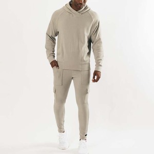 Survêtement à capuche beige pour homme, coupe droite, couleur unie, décontracté, avec poches latérales, pour l'automne, 100 % coton respirant - Product Image 1