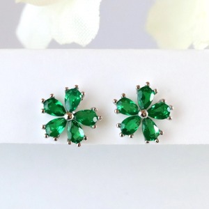 <b>Emerald</b> Green Flower <b>Stud</b> Earrings Dainty Pear CZ 14K Solid Gold May Birthstone Minimalist Jewelry for Women Wedding Anniversary - Product Image 3