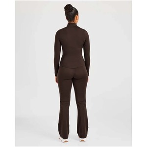 One Piece Yoga Jumpsuit Women Mock Neck Quarter Zip Long Sleeve Thumbhole Butt Lift Flare <b>Bell</b> Bottom Leggings Gym Activewear - Product Image 3