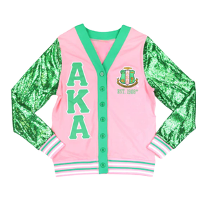 AKA Pink <b>Sequin</b> Cardigan for Women Green Glitter Sleeves Button Front Varsity Style <b>Jacket</b> Pink Green White - Product Image 1
