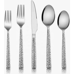 New Customized Logo <b>Dessert</b> Spoon <b>Fork</b> Set in Silver Plated Hammered Design Stainless Steel Silver Flatware Set - Product Image 1
