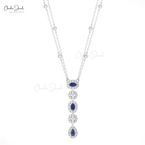 Collier Lariat Double Chaîne en Or Fin 14K avec Diamants Halo et Saphir Bleu Véritable 0.63CTW – Bijou Classique de Grossiste Vérifié - Product Image 1