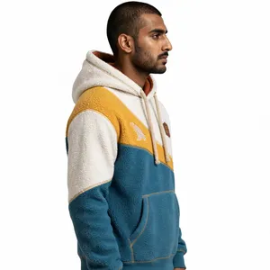 Sudadera con capucha de forro polar para hombre con bloques de color, logo bordado y bolsillo, ropa casual de otoño - Product Image 4