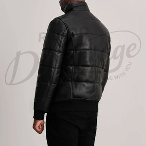 Veste matelassée en cuir noir de qualité supérieure pour homme, col montant, manteau d'hiver matelassé en similicuir, veste bomber rembourrée avec poignets côtelés - Product Image 2