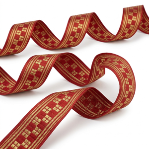 Neelkamal Industries 25mm <b>Red</b> Gold Festive Jacquard <b>Ribbon</b> Decorative Woven Trim for Gift Packing Garment Borders - Product Image 1