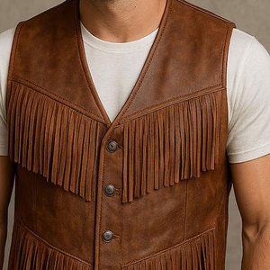 Mens <b>Suede</b> Cowboy Fringe Vest Western Leather Sleeveless <b>Jacket</b> Tassel <b>Biker</b> Festival Rodeo Supplier Premium OEM Apparel - Product Image 2