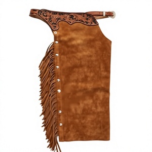 Pantalones de cuero marrón para mujer, estilo rodeo, con flecos y bordados, cintura alta, largos, con cierre de botones - Product Image 1