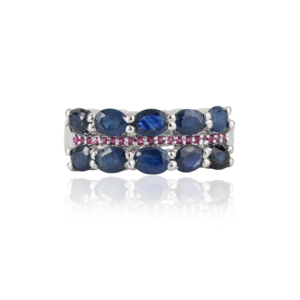 Wholesale Price 925 Sterling <b>Silver</b> Triple Row Natural Blue Sapphire & Ruby Gemstone Wide Half Eternity <b>Band</b> <b>Ring</b> - Product Image 1