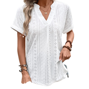 Camiseta de Poliéster para Mujer, Corte Ajustado, para Todas las Temporadas, Casual, con Encaje Floral, Cuello en V, Tejido Texturizado, Manga Corta, Transpirable y Transparente - Product Image 2