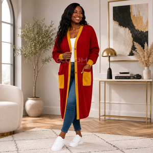 Cosh International Sorority Sisterhood Acrylic <b>Cardigan</b> <b>Red</b> With Yellow Contrast Trim V-Neck Full Sleeve Casual Autumn Winter - Product Image 3