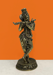 Handmade Brass Krishna <b>Statue</b> Playing Flute Traditional Hindu Deity Figurine Tabletop Decor Religious Home Temple Display - Product Image 3