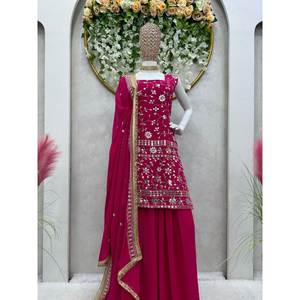 Hermoso conjunto de ropa de fiesta superior-inferior y Dupatta con hilo y secuencia de trabajo talla XL - Product Image 2